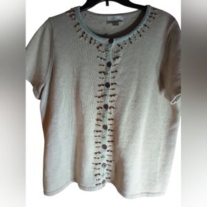 Christopher & Banks Women's Cream Short Sleeve Light Sweater Size L Button Up